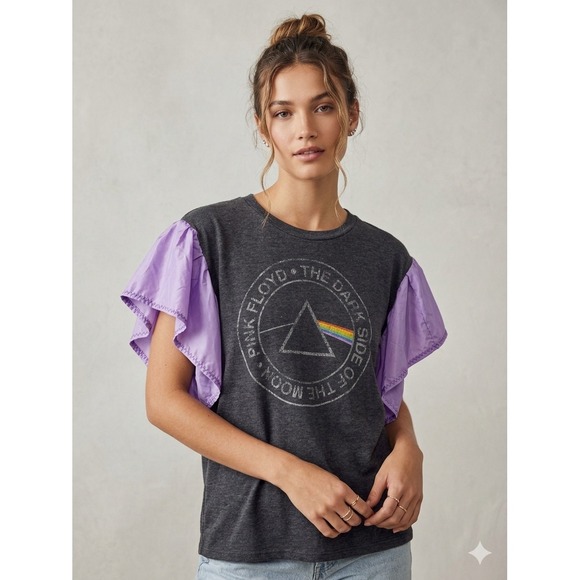 Spenny Lane Tops - Spenny Lane Pink Floyd Dark Side of the Moon Upcycled Ruffle Sleeve Tee Large